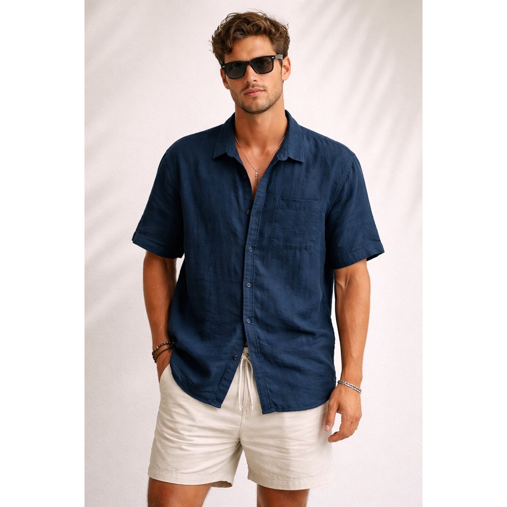 Onia Men's‎ Navy Blue 100% Linen Resort Vacation Button Up Shirt Size XL